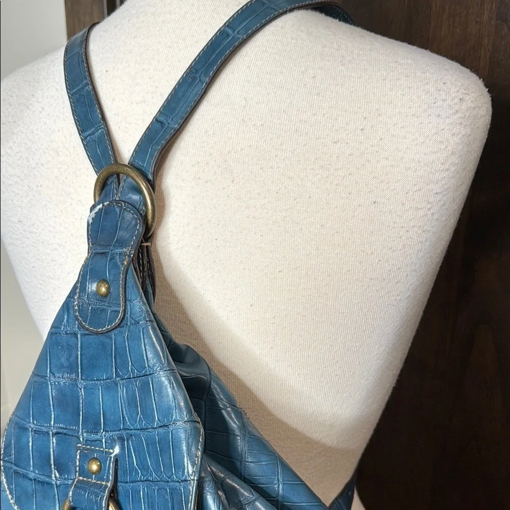 Nine West Blue Textured Women's Backpack blue alligator pattern w cheetah lining